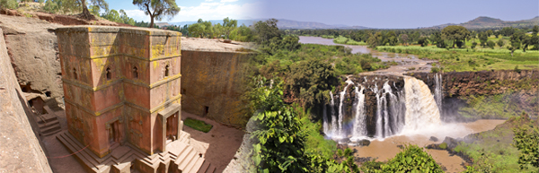 Georgskirche in Lalibela © Dmitry Chulov/Fotolia.com | Tis Issat-Fälle des Blauen Nil © cdkeyser/Fotolia.com