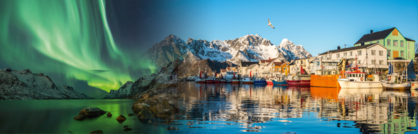 Nordlicht bei Tromsø © jamenpercy/Fotolia.com | Henningsvaer © Denisa VLAICU/Fotolia.com