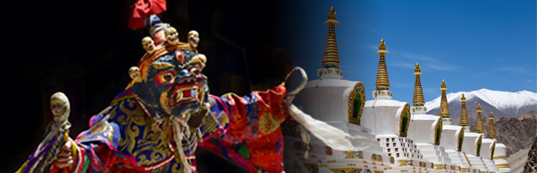 Maskentänzer (C) Ilona Kryschanowskaja/Fotolia.com | Stupas in Tiksey (C) Oleg Doroshenko/Fotolia.com