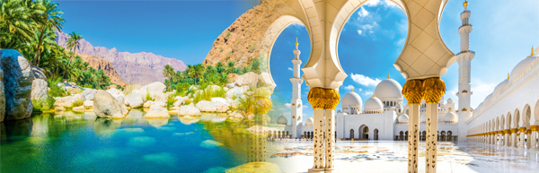 Wadi Tiwi © dudlajzov/Fotolia.com | Sheikh Zayed Moschee, Abu Dhabi © luciano mortula/Fotolia.com